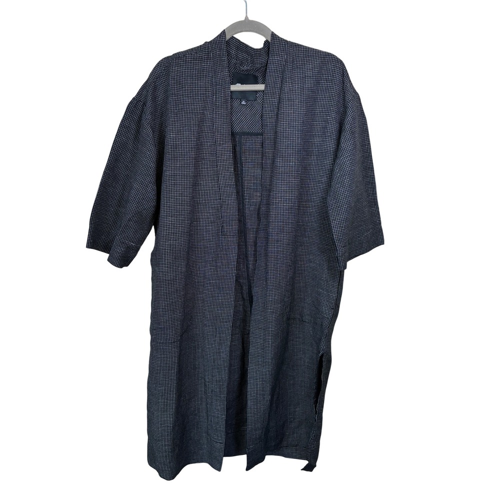 Madewell Linen Blend Grid Print Kimono Duster Cardigan Black White XS J2303